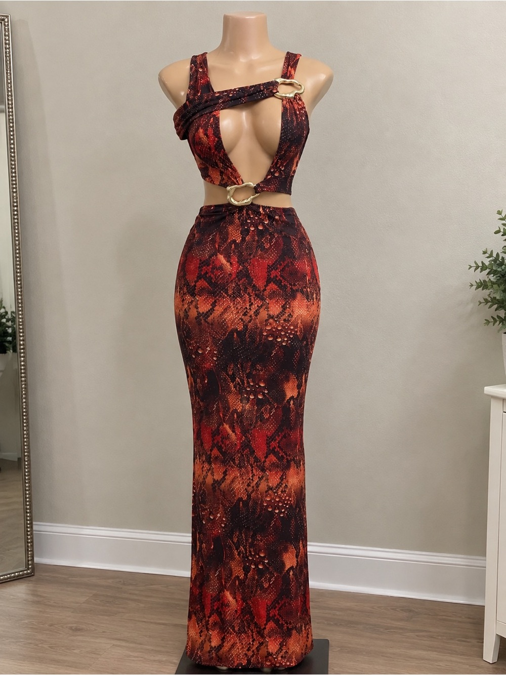 Red-Orange Snake Print Cutout Maxi Dress with Gold Rings
